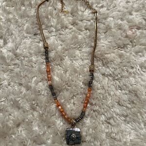 Gold-Tone Necklace with Orange Beads and Mosaic Pendant